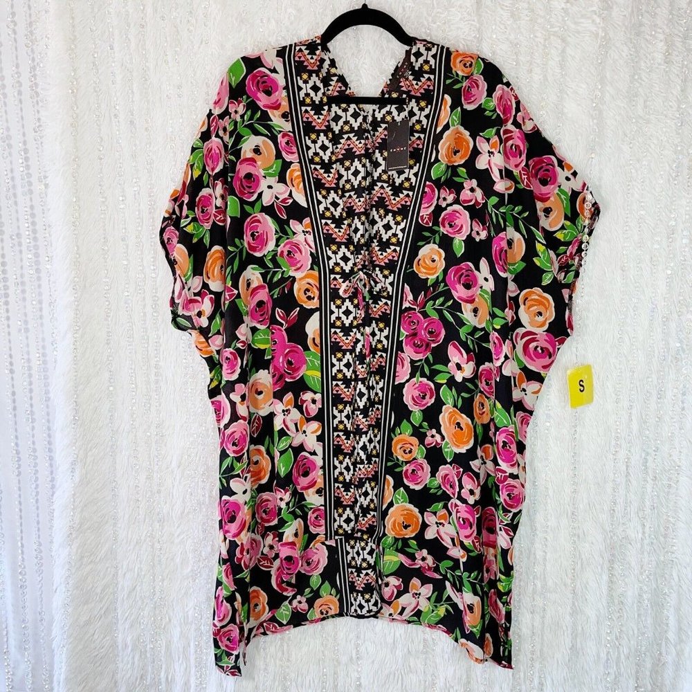 NEW Fever Tie Front Swim Coverup Sz SMALL Kimono Tunic Wrap Floral Tribal Mosaic
